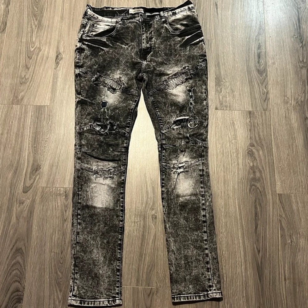 Blind Trust Men's 38x34 Black Acid Wash Distressed Moto Biker Jeans